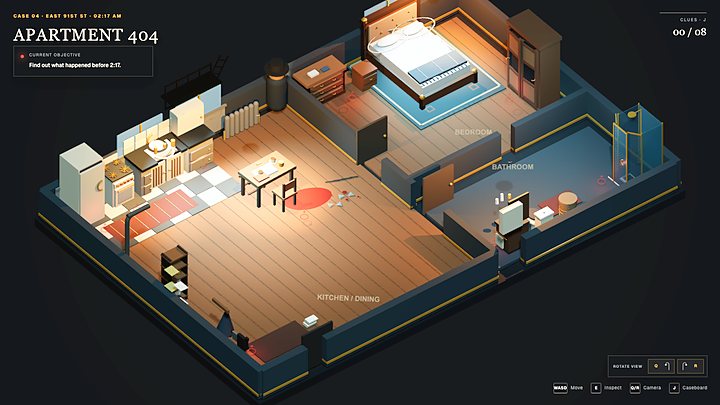 An isometric apartment at night with a kitchen, bedroom and bathroom lit for a crime scene