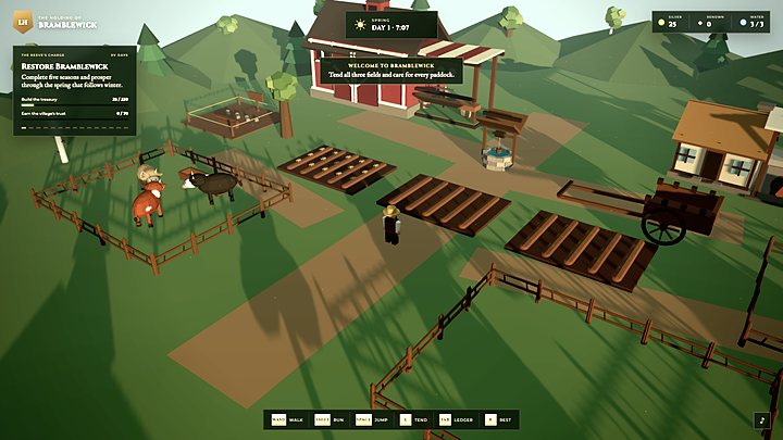 A low poly farm at morning with a barn, a cattle paddock, three fields and a well