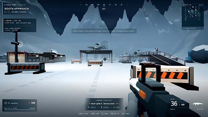 A patrol drone over a snowbound relay station seen down a pulse carbine